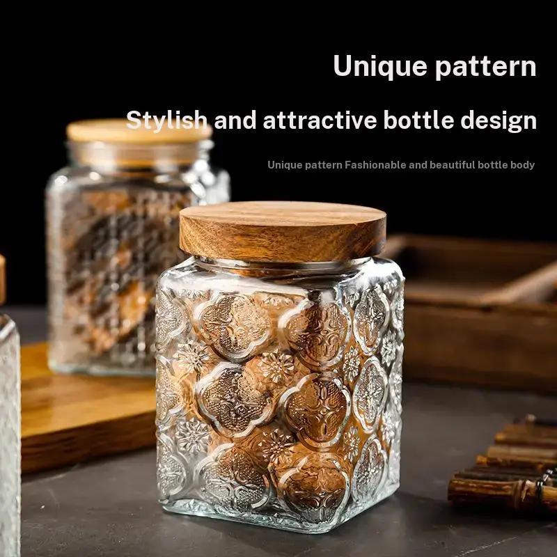 Vintage Begonia Pattern Kitchen Storage Jar, Embossed Glass Sealed Jar, Household Snack and Spice Storage, Wholesale Available