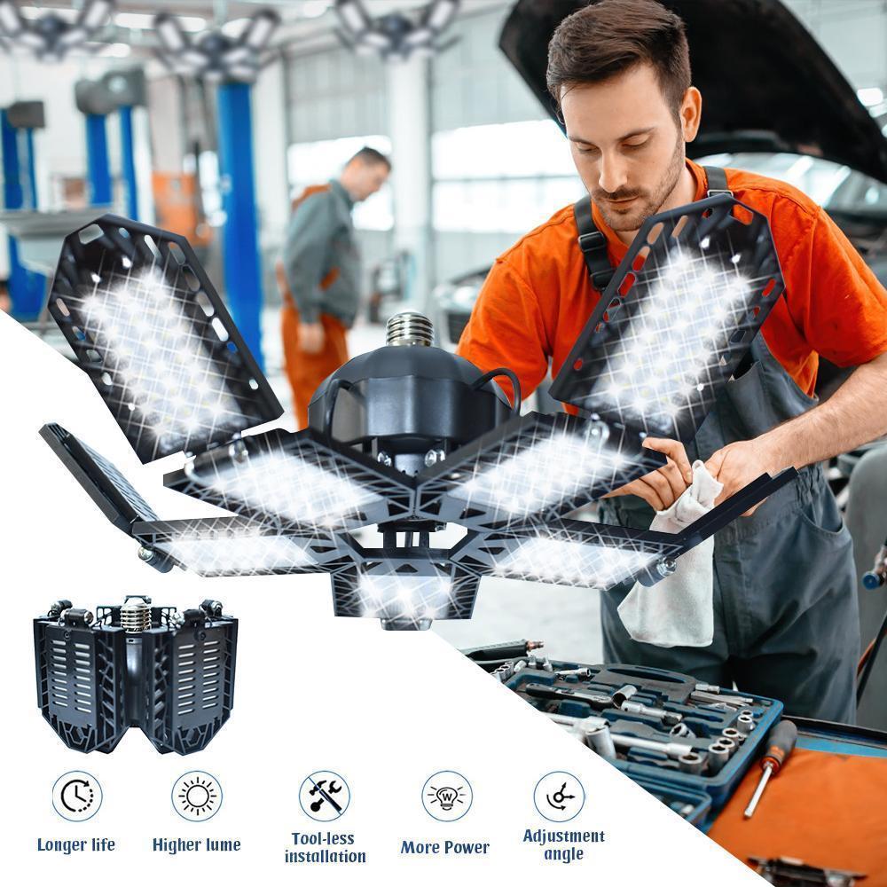 LED Garage Lights, 2Deformable Garage Light, Ceiling LED Shop Lights, E26/E27 Screw In LED Light Garage Lighting with 10+1 Panels Garage Bulb for Basement, Attic, Warehouse