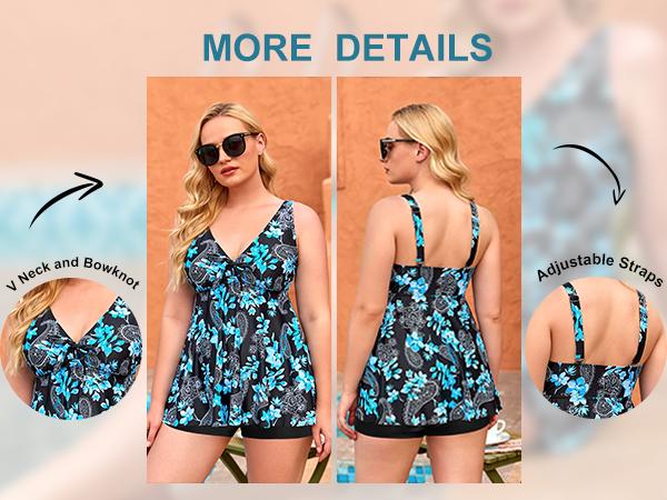 Yonique Women's Plus Size Two Piece Flyaway Tankini Set, V-Neck Full Coverage Tank top with Boy Shorts, Ladies Two Piece Plus Size Tankini Swimwear for Beach Swimming Holiday Vacation