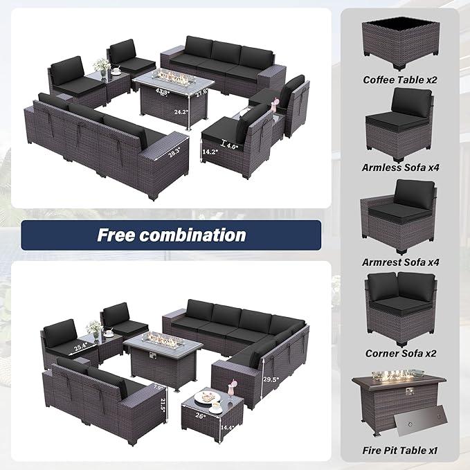 Patio Furniture 12 Pieces Set with Propane Fire Pit Table Outdoor Patio Furniture Outdoor Sectional Sofa 43" Gas Fire with transparent glass cover Pit Patio Conversation Set with Cushions