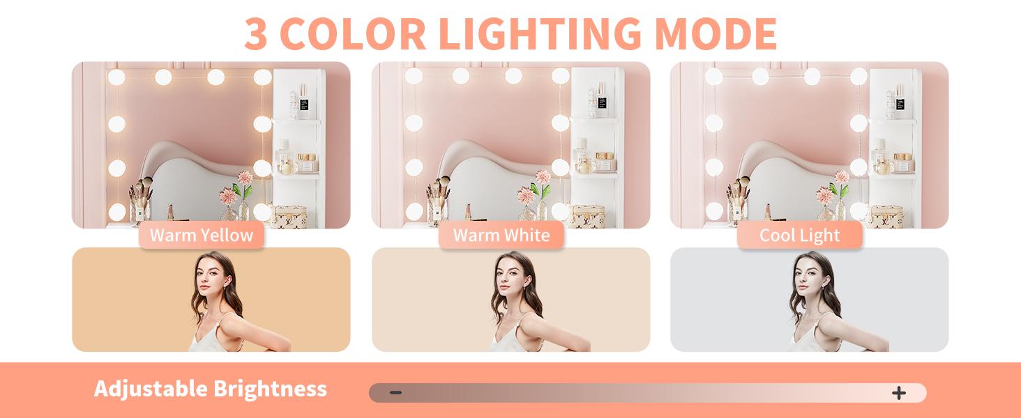 Makeup Vanity Desk with Mirror and Lights, 26.4”Small Vanity Mirror with Lights with Large Drawer and 6 Level Storage, White Vanity with Large Led Mirror with 3 Color Lighting Modes