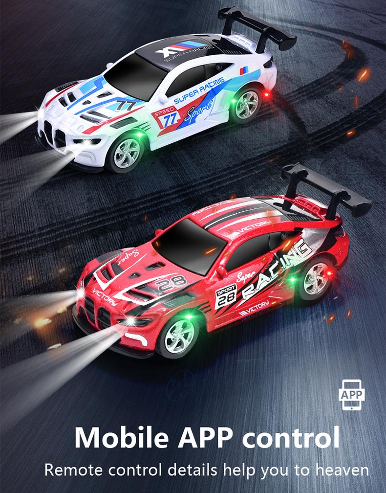 Hotfree 1/64 Mini RC Drift Car, Alloy M4 Racing Car with Trailer, 2.4GHz Remote & APP Control Truck, 3-Speed Modes, LED Lights, USB-C Charging, Indoor & Outdoor Toy, Birthday Christmas Gift for Kids & Adults