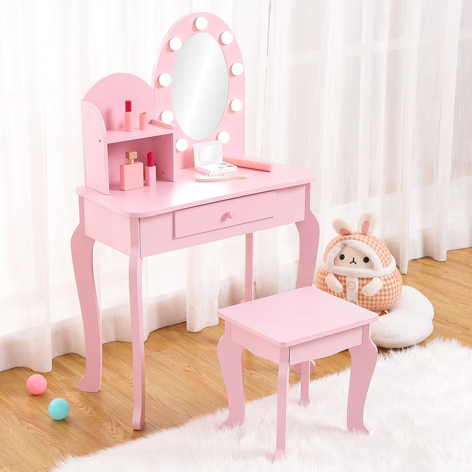 Kids Vanity with Lights, Princess Vanity Set with Drawer and Storage Shelves, Toddler Makeup Vanity with Lighted Mirror, Girls Vanity Set with Stool for Little Girls