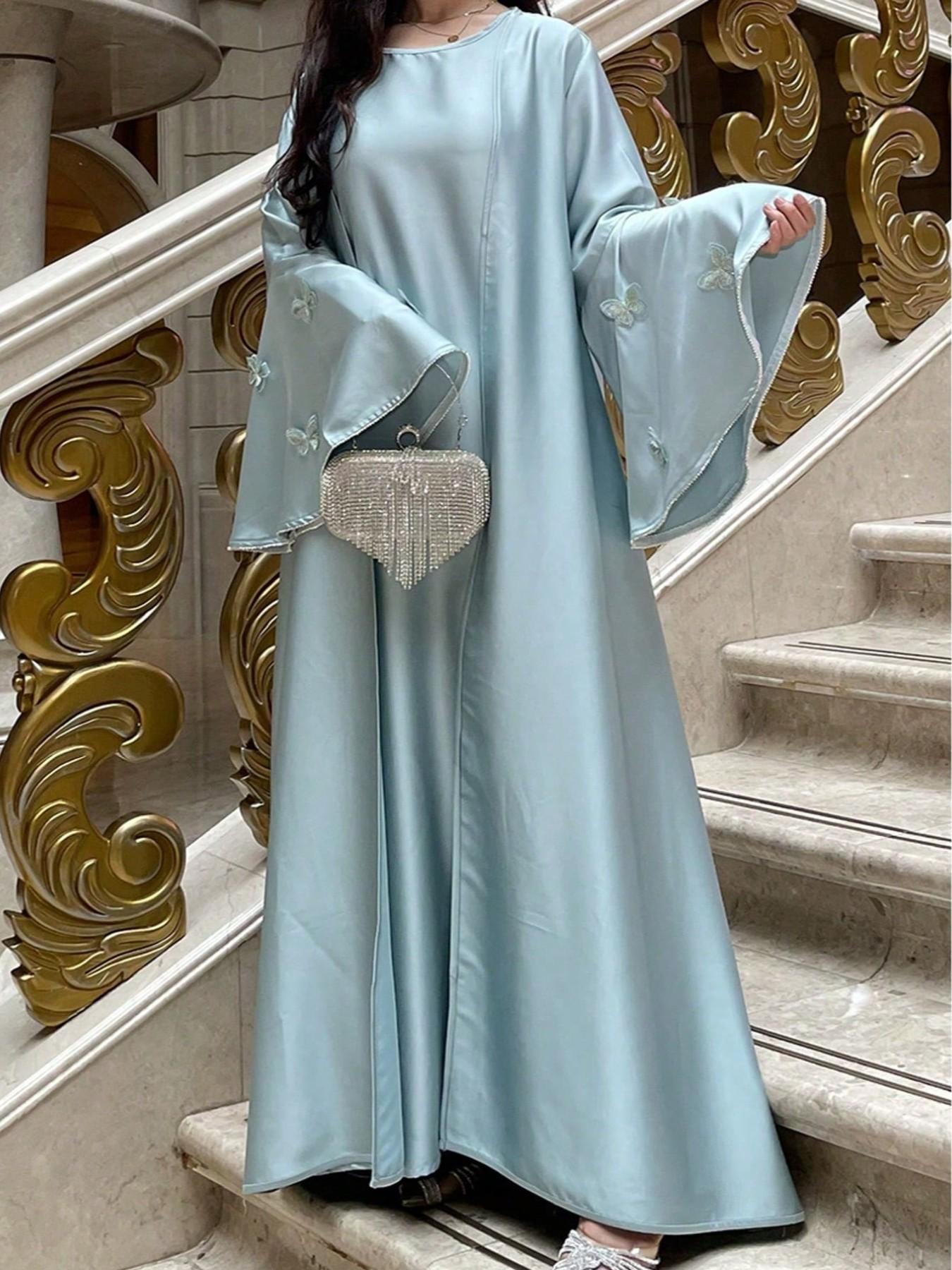 Hafizah Satin Butterfly Embroidery Blazer + Beaded Waist Long Dress Set, Shimmering Formal Wear for Women, Elegant Formal Style, All-Season Loose Fit