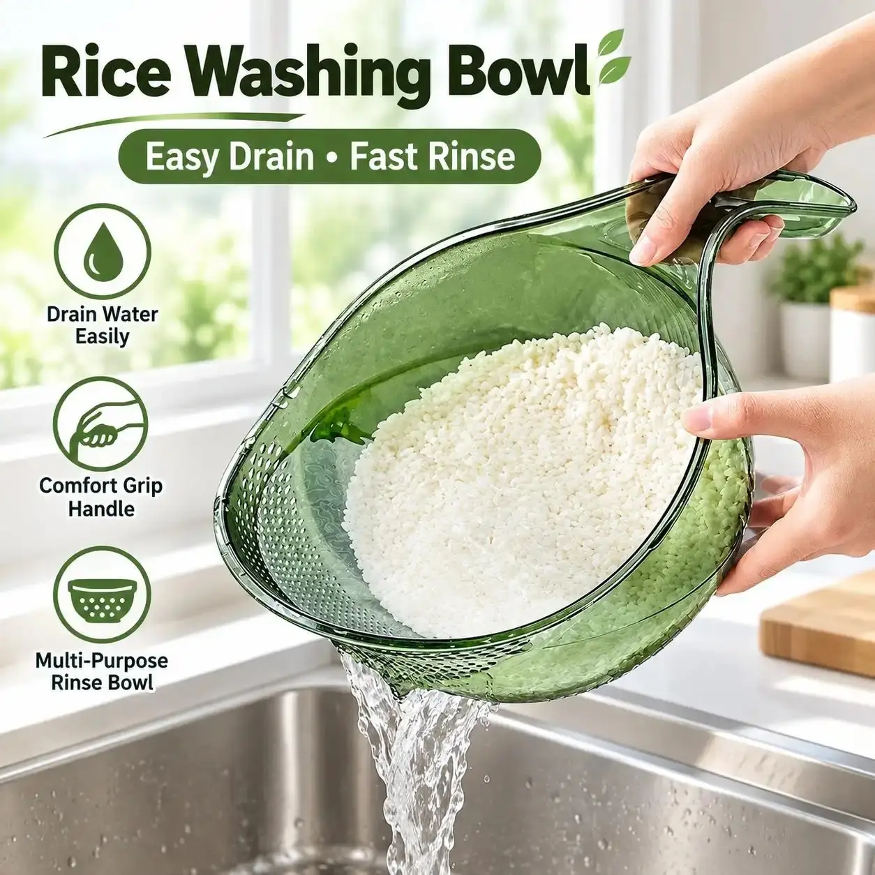 Rice Washing Bowl with Strainer & Handle, Easy-Drain Kitchen Rinse Bowl for Rice, Fruits, Vegetables & Grains, Multi-Purpose Food Washing Colander