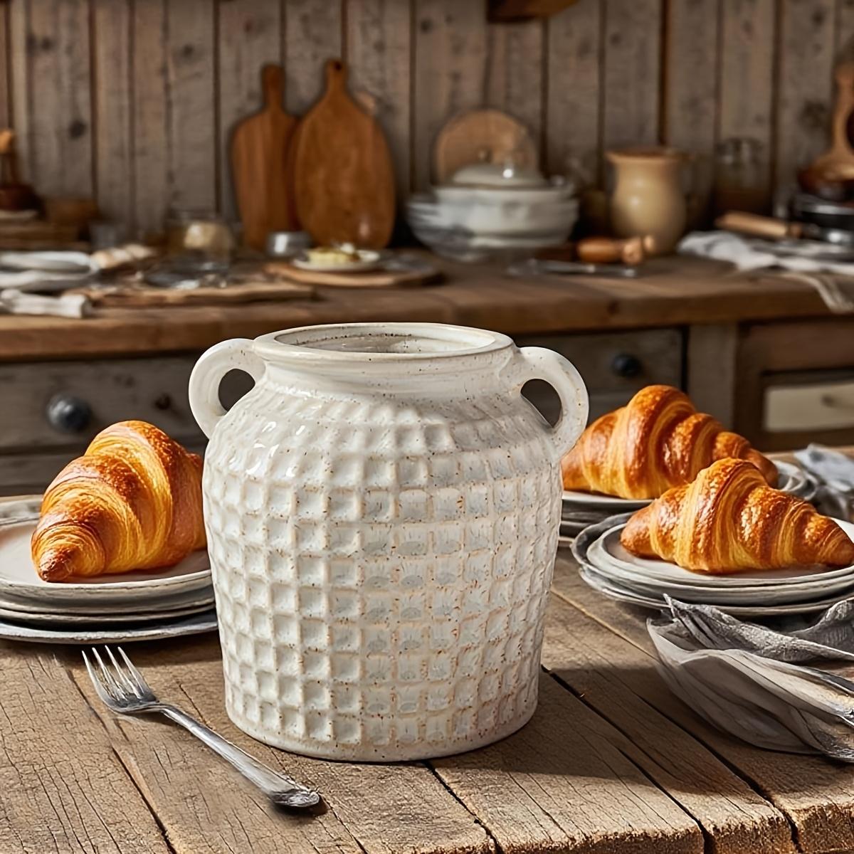 Retro-Style Double-Handled Ceramic Vase, Unique And Multifunctional, Ideal for Holding Cutlery And Flowers, Perfect for Decorating a Country-Style Kitchen, Dining Room, Or Living Room, Featuring Hydroponic Planting Design, Home Decor Vase