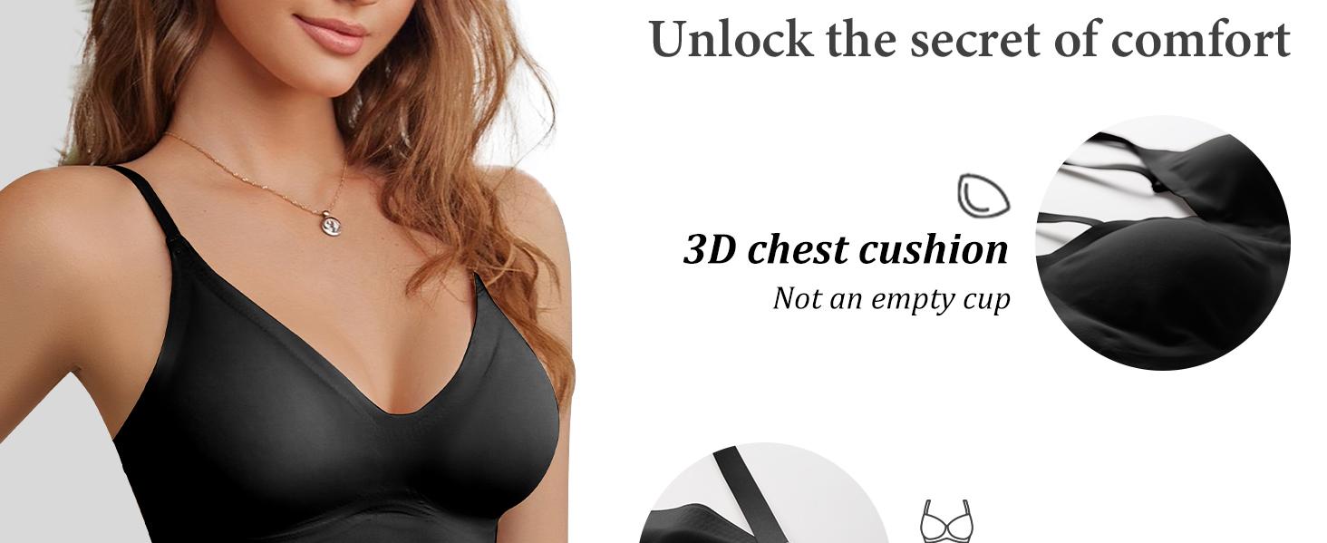 3 Pack Women's Bras Seamless V Neck Bralettes Padded Adjustable Straps Breathable Cotton Minimizer Push-Up Support Minimalist Wrap Design for Everyday Comfort & Fitness Black