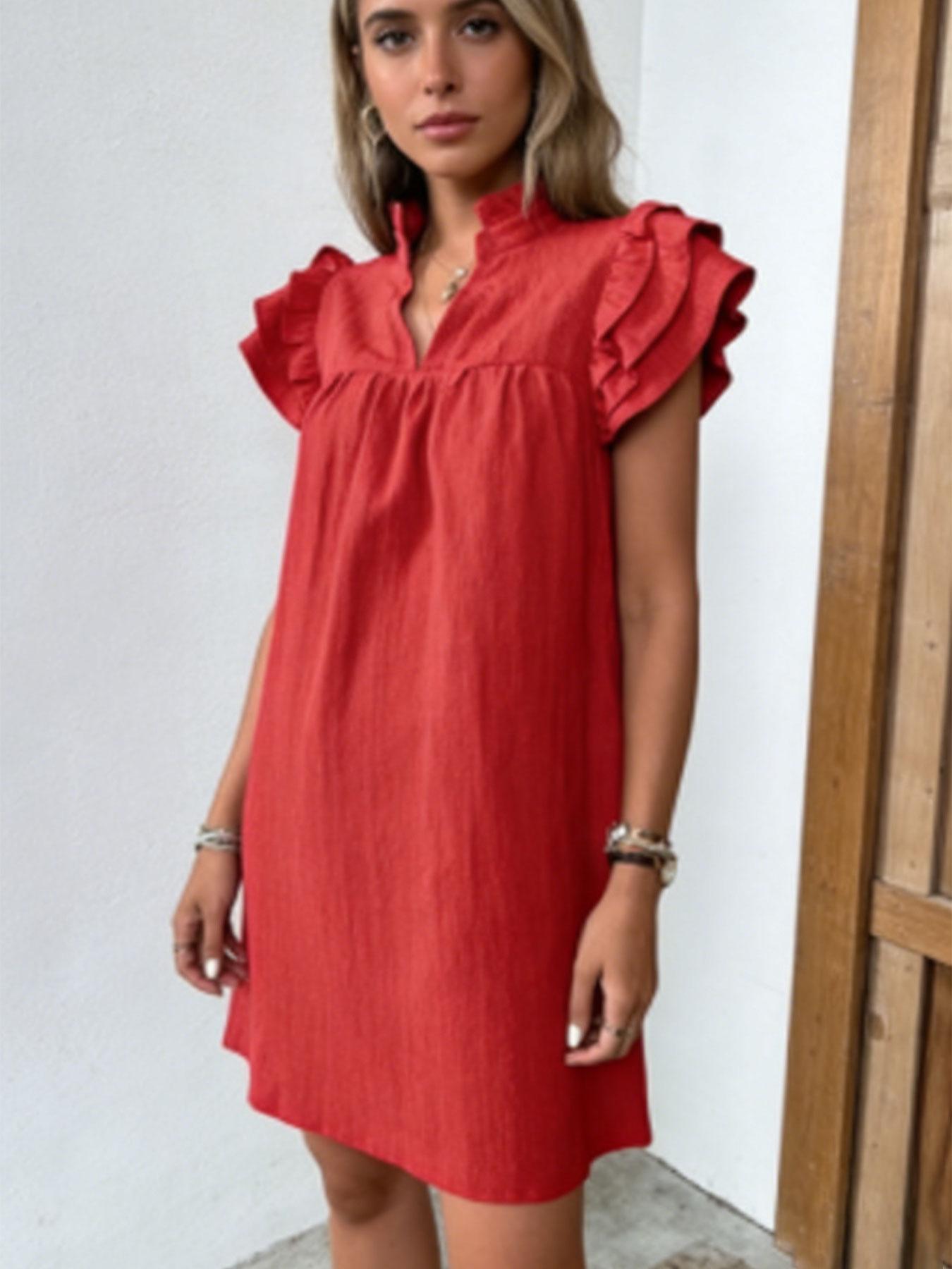 A women's solid color multi-layer ruffled sleeve V-neck pullover dress, suitable for summer, daily casual wear, vacations, dates, gatherings, and othe Womenswear