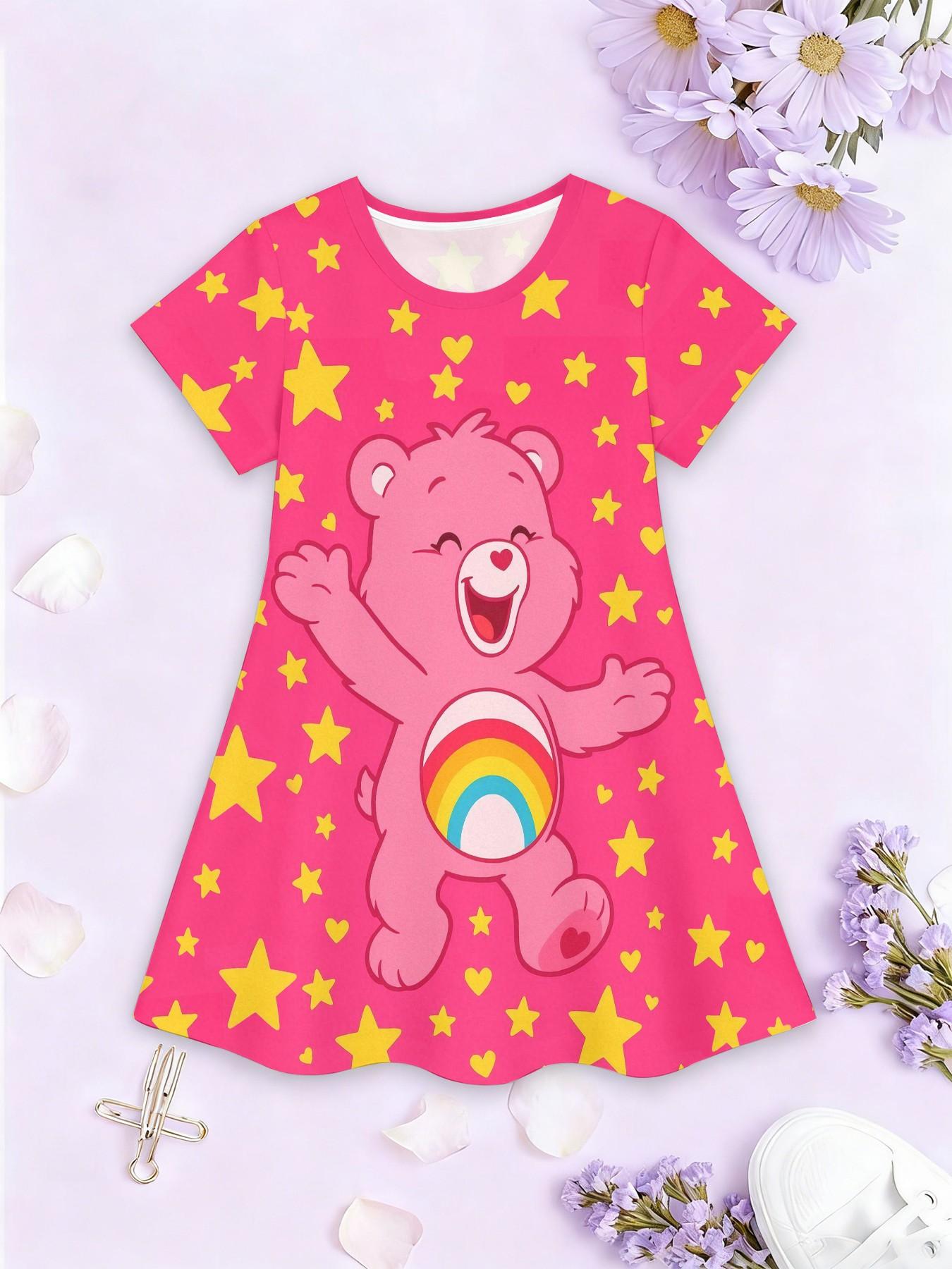 Girls' Heart Bear Cheer Bear Rainbow A-Line Dress, Cute Cartoon Short Sleeve Dress, Fashion Outdoor Wear, Birthday Gift, Holiday Gift