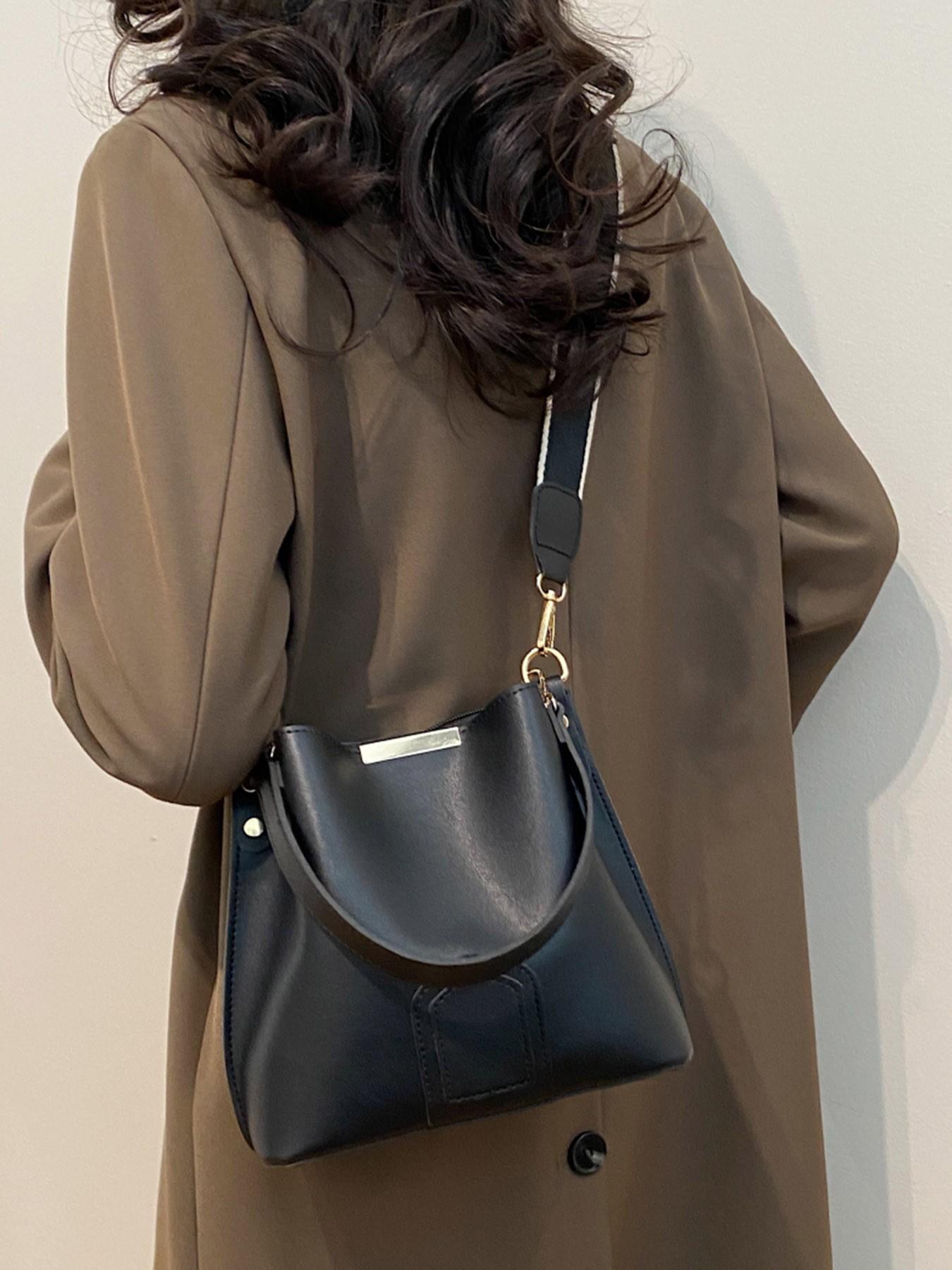 Women's Elegant PU Bucket Bag, Fashionable Vintage Classic Texture Shoulder Bag with Wide Strap, Casual Versatile Crossbody Bag for Work, Commuting and Daily Use