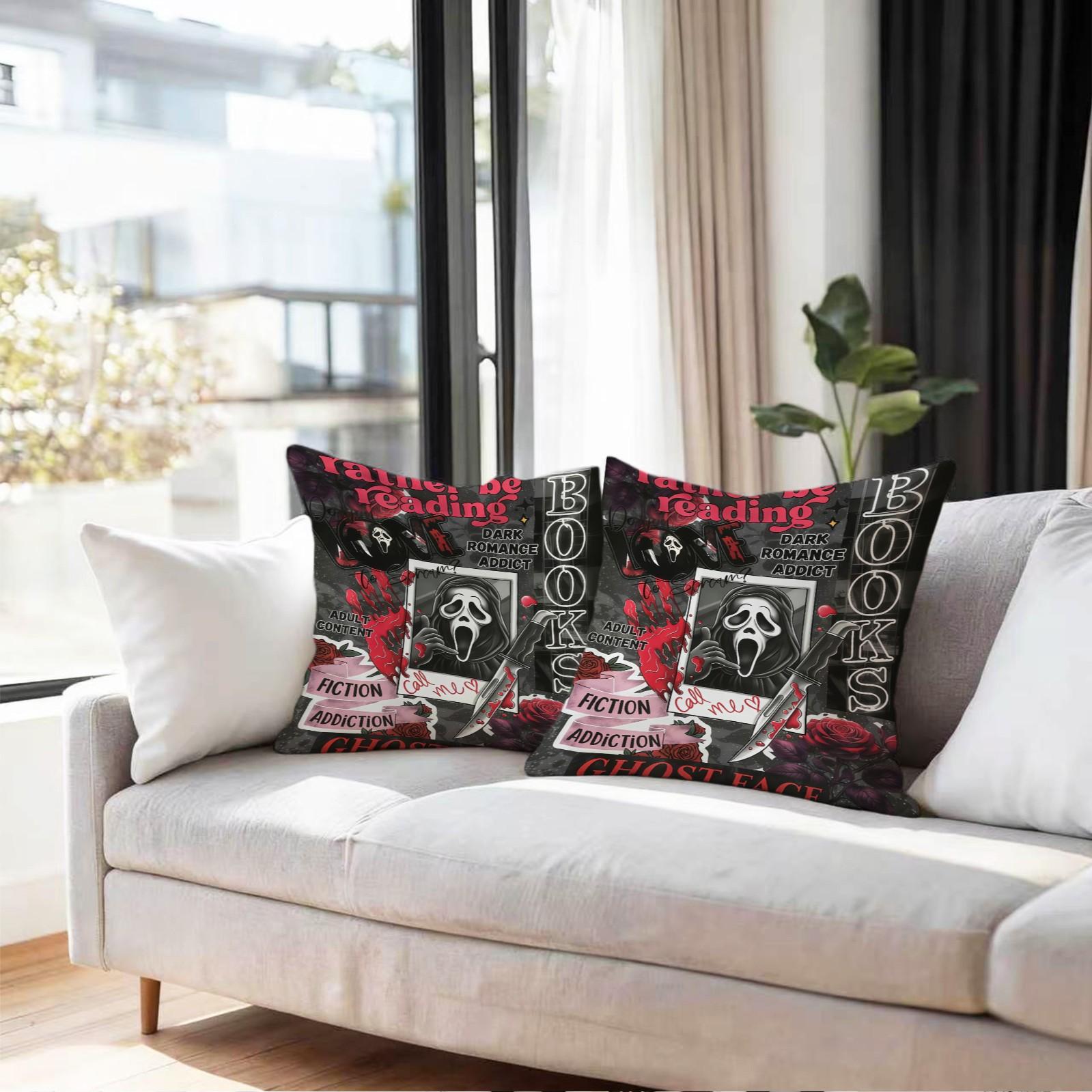 18x18 Inch Scream Ghostface Throw Pillow, Dark Romance Addict Horror Movie Book Lover Decorative Cushion, Spooky Halloween Sofa Bedroom Decor, Perfect Gift for Movie Fans & Bookworms