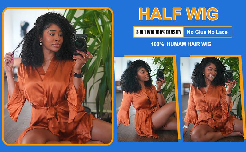 [3 In 1 Half Wig] Glueless Human Hair Wig 250% Density Human Hair Machine Made Wigs Glueless Curly Hair Half Wigs for Women 180% Density Human Hair Natural Color