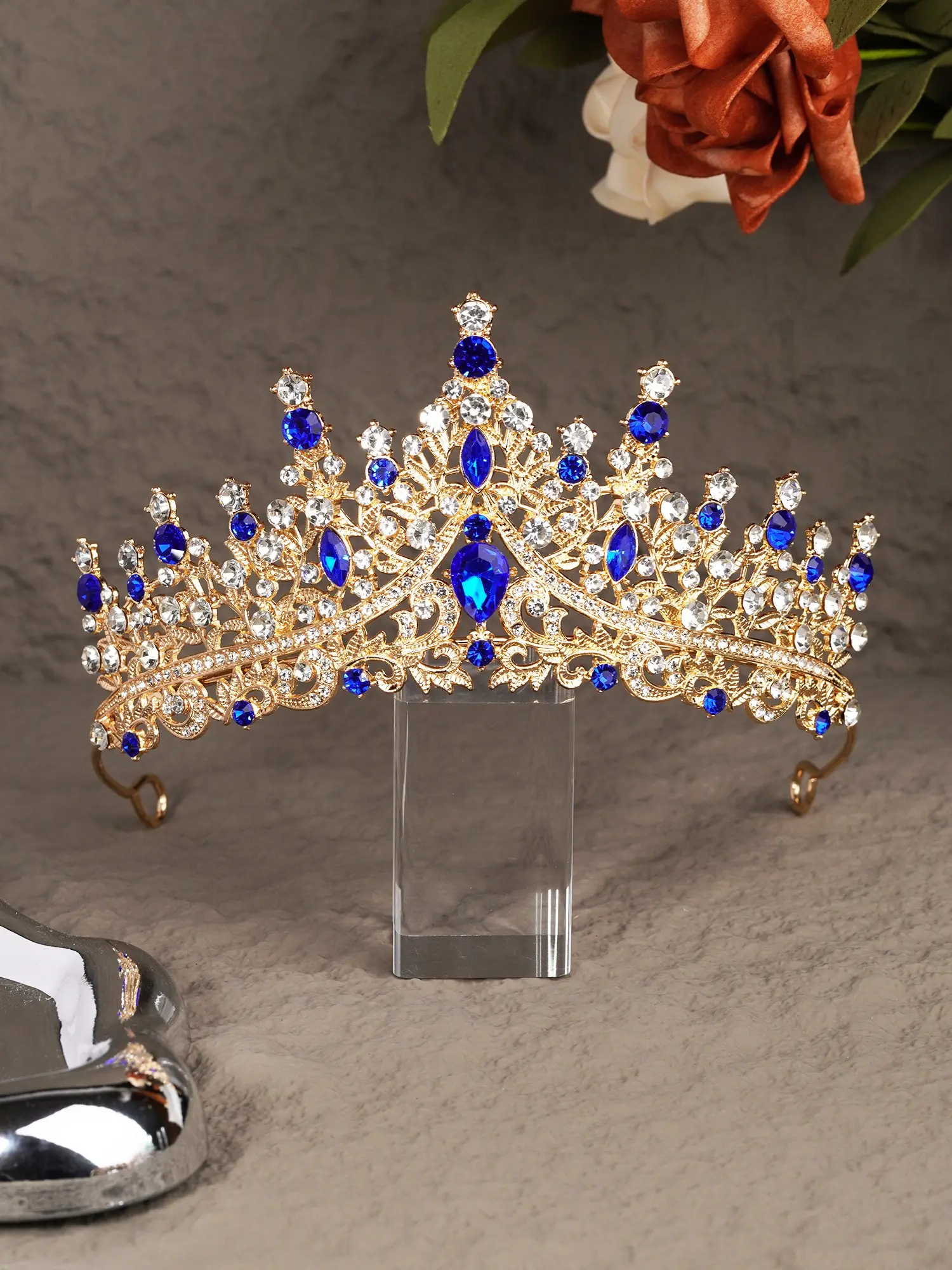 Deep Sea Sapphire Blue Rhinestone Crown Headband, Bride Wedding Crystal Tiara, Birthday Party Princess Hair Accessory, Elegant All-Season Decor