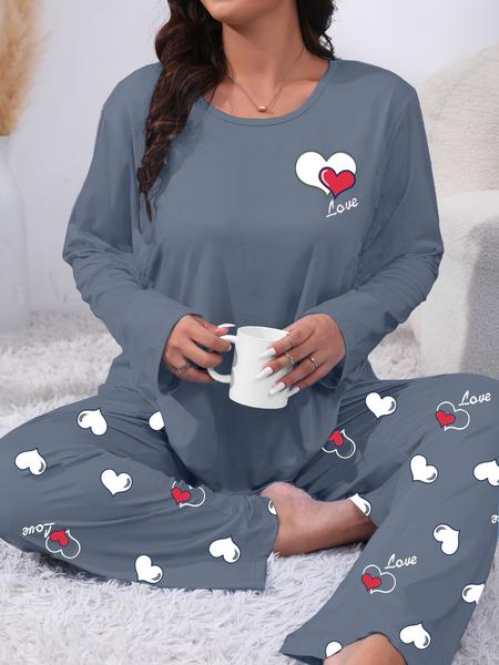 【Plus Size】 Two-piece Set Heart & Letter Print Tee & Pants Pajama, Casual Comfy Round Neck Long Sleeve T-shirt & Trousers Pajama Set, Women's Sleepwear for All Seasons
