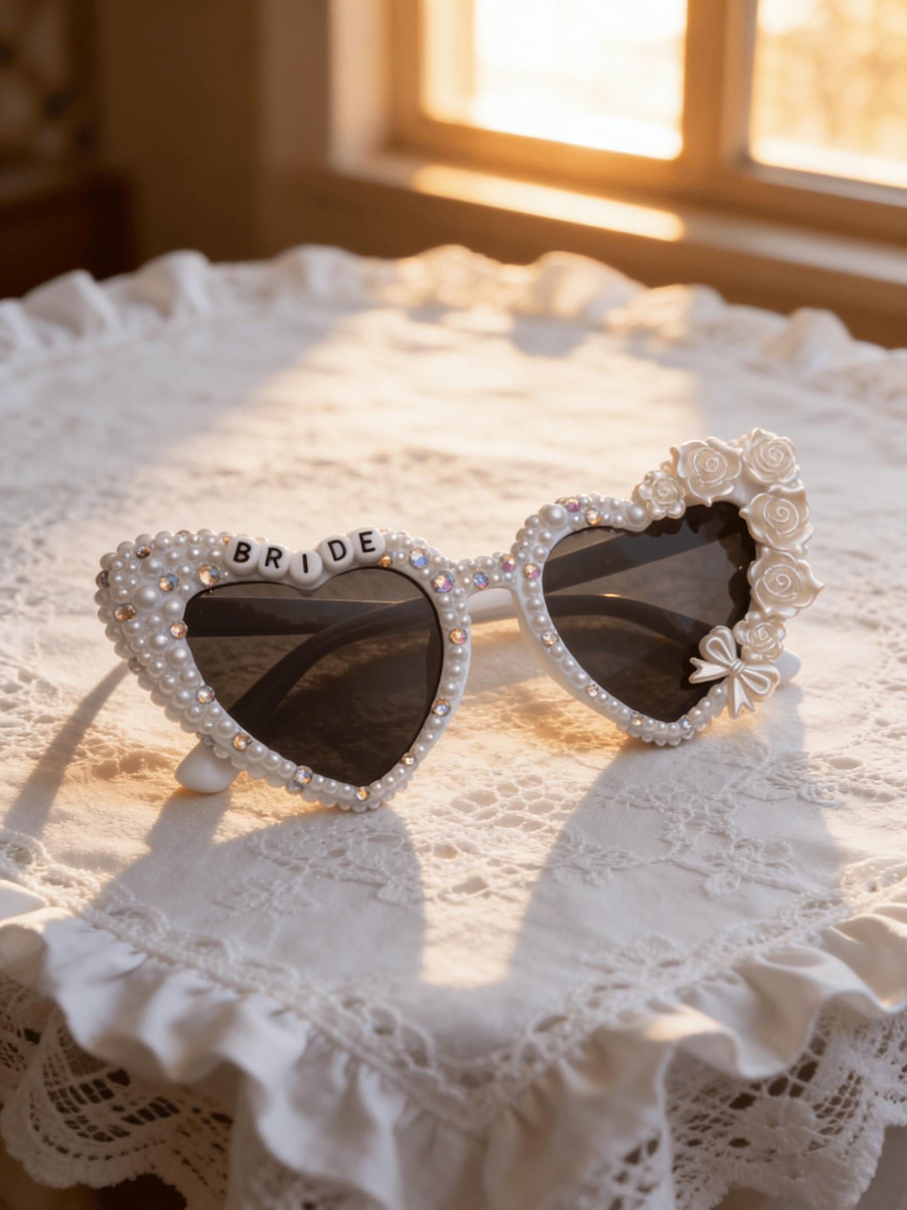 Elegant Bridal Sunglasses with Heart and Rose Design, Luxury Fashion Accessory for Wedding Photos, Ideal Gift for Bride