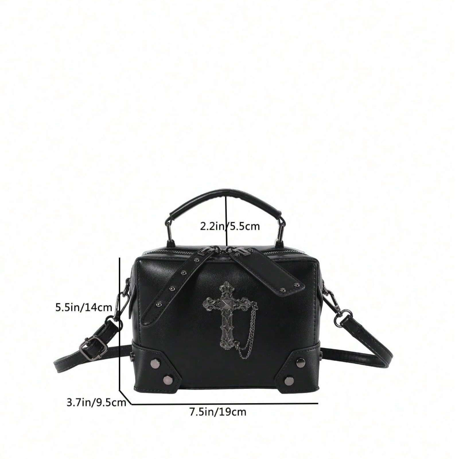Black Cross Decorated Punk Rock Motorcycle Style Box Bag, Stylish Rivet Detail Shoulder Crossbody Makeup Everyday Bag for Women, Perfect for Daily Use and Dating Gift