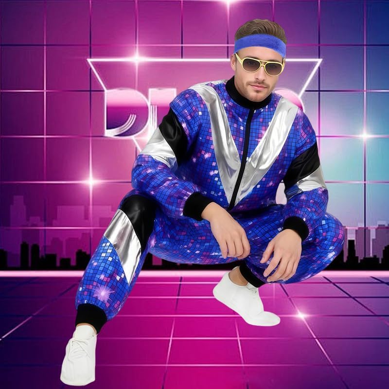 80s Tracksuit Men's Disco Costume 80s 90s Outfit Men's with Accessories Retro Jogging Suit Outfit for Men Hip Hop Sportswear Fancy Dress Costumes Theme Party Cosplay Carnival
