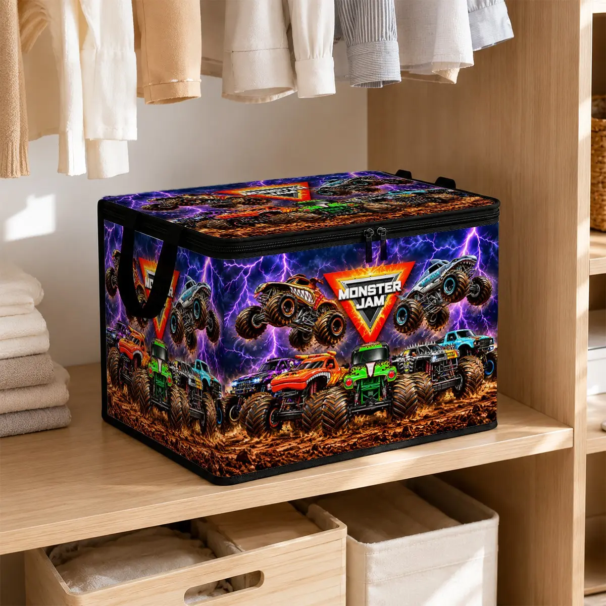 Bold Foldable Storage Box with Monster Truck Graphics, Zip-Top Closure, Carry Handles, Electric Accents, Home Organization, Folding Storage Bin
