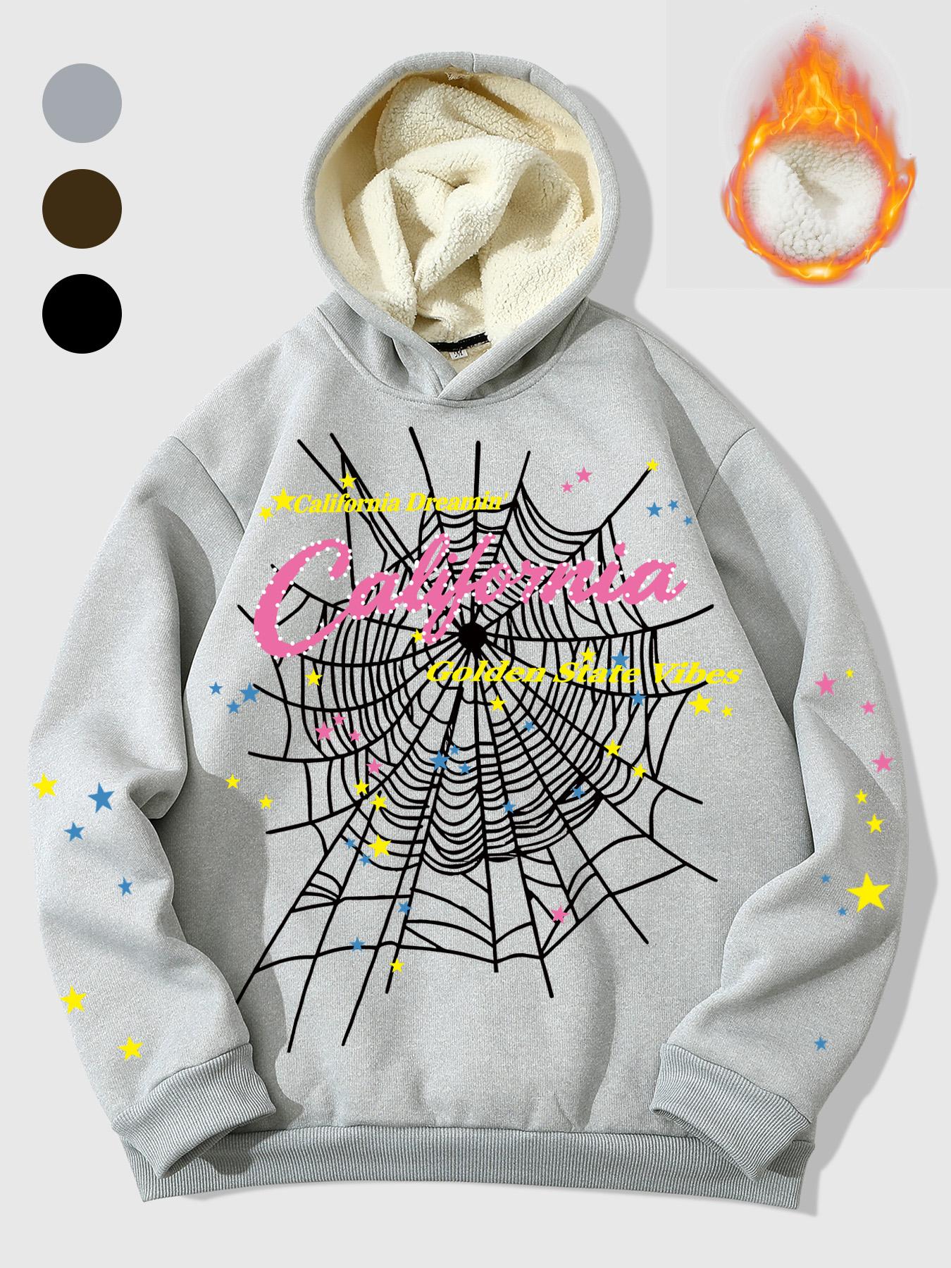 Men's Hooded Sweatshirt, Spider Web Pattern, Letter Print, Colorful Stars, Street Punk Style, Casual Fitted, Fall & Winter, Graphic Hoodie