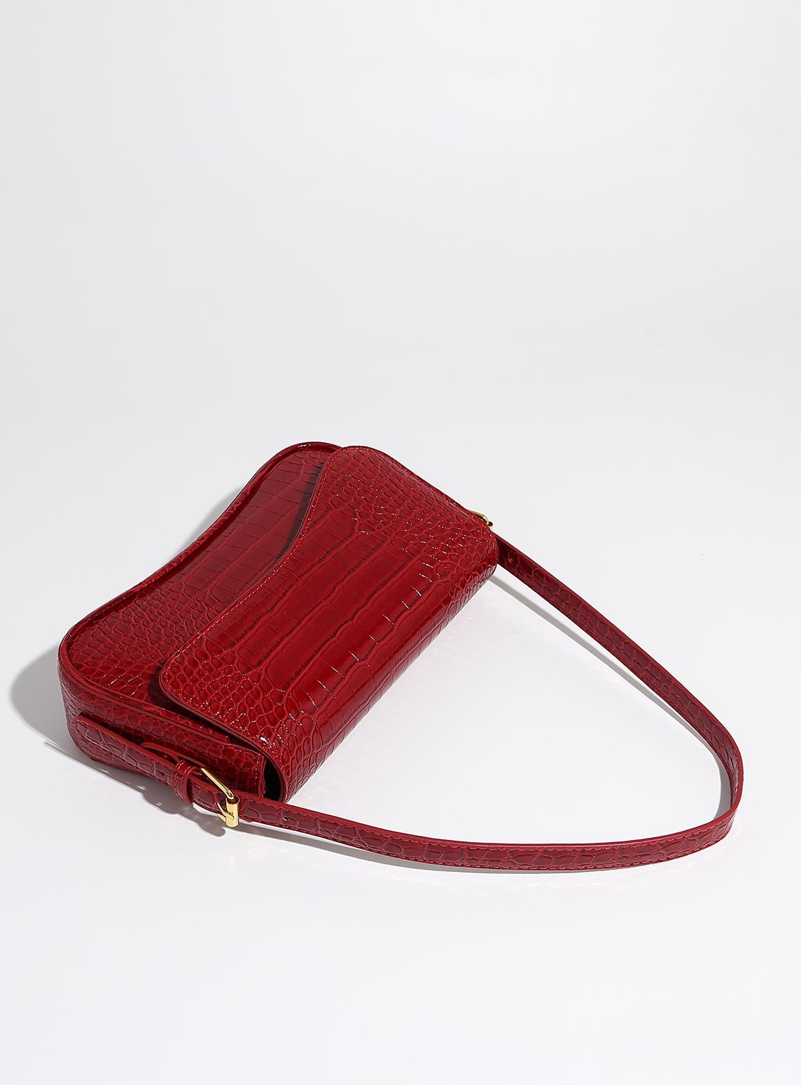Women's Vintage Minimalist Wine Red Square Bag, Classic Crocodile-Pattern PU Leather Flap Shoulder Bag, Versatile for Commuting and Parties