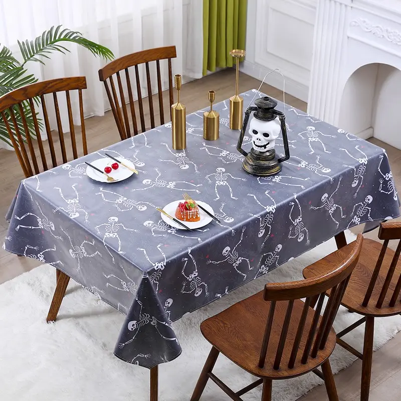 Halloween Skull Print Rectangular Tablecloth, Waterproof Easy Clean, Home Dining Party Festival Decor, Halloween Theme Home Decoration