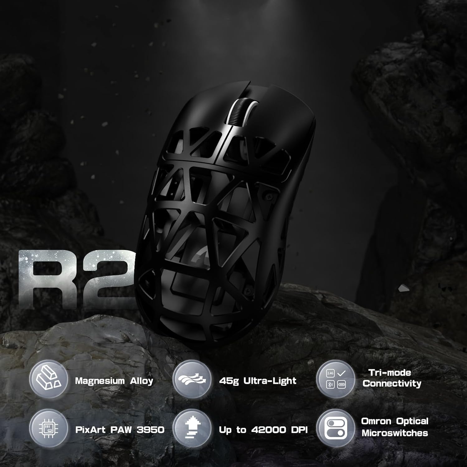 R2PRO 45g Superlight Magnesium Alloy , PixArt PAW3950 Sensor, 42000DPI, 8000Hz  Polling Rate, 2.4G/BT/Wired Gaming , Programmable Mice with Coiled , PC/, Black