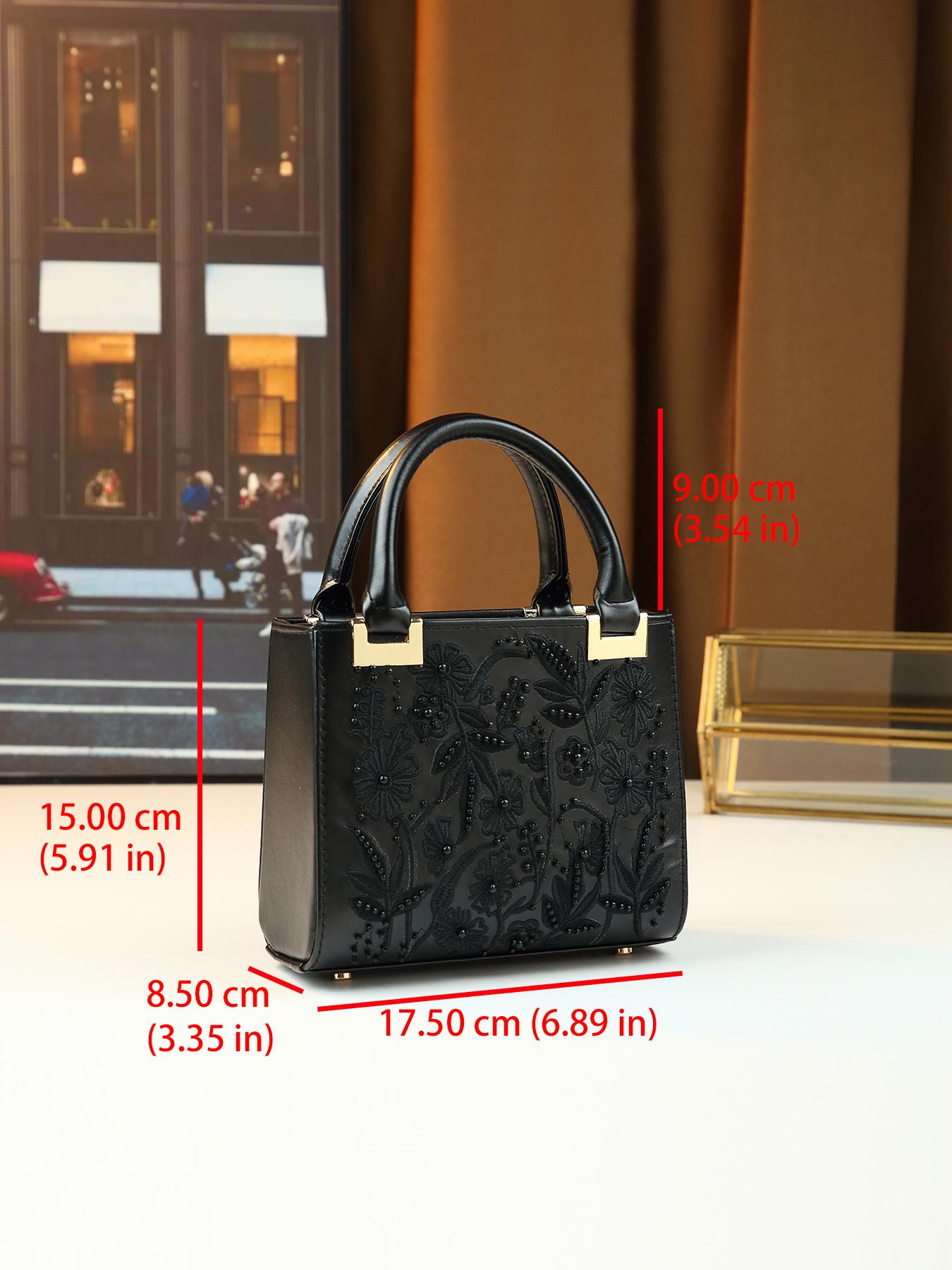 Heavy-duty beaded floral design embroidered small square bag, elegant versatile date shoulder crossbody bag