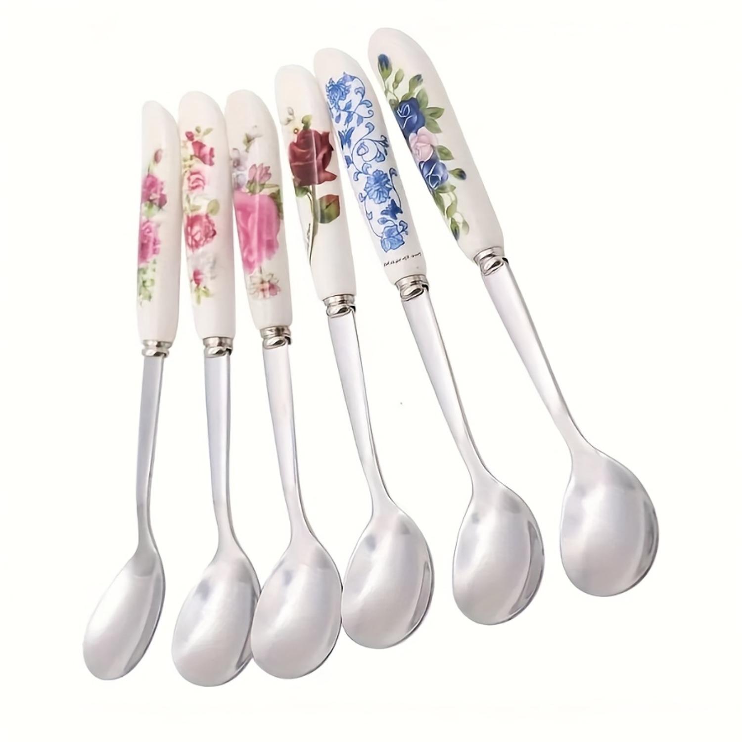 PrimPick A 6-piece set of stainless steel coffee spoons with floral ceramic handles - an elegant mixing and serving tool, suitable for sugar, ice cream and soups - a durable kitchen and dining accessory