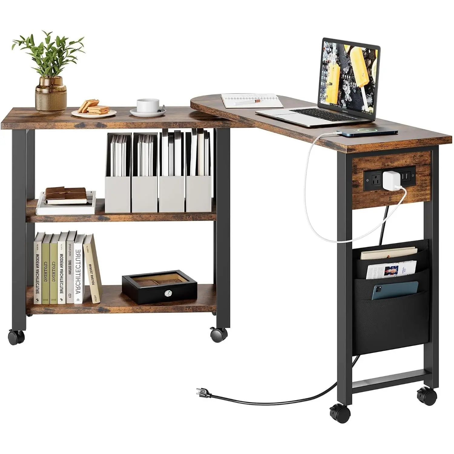 Garvee 360° Rotating End Table with Charging Station – Swivel Side Table, Lockable Wheels, Extra Storage Bag, Modern Compact Furniture for Living Room, Bedroom, or Office – New 2025 (vintage color)