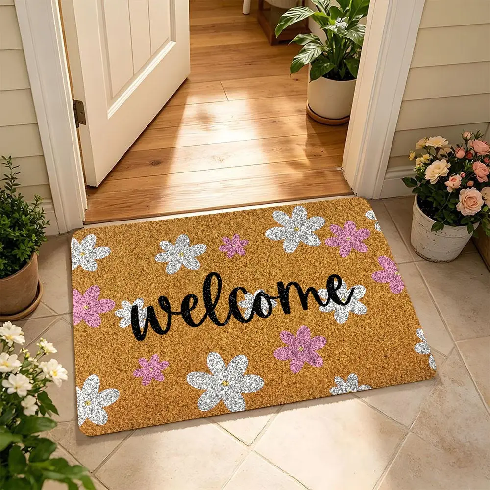 Cute Floral Welcome Doormat,Natural Aesthetic Coir Front Door Mat,Non-Slip Rubber Back Entry Rug, Indoor Outdoor Porch Doormat,Home Decor Housewarming Gift for Family and Friends