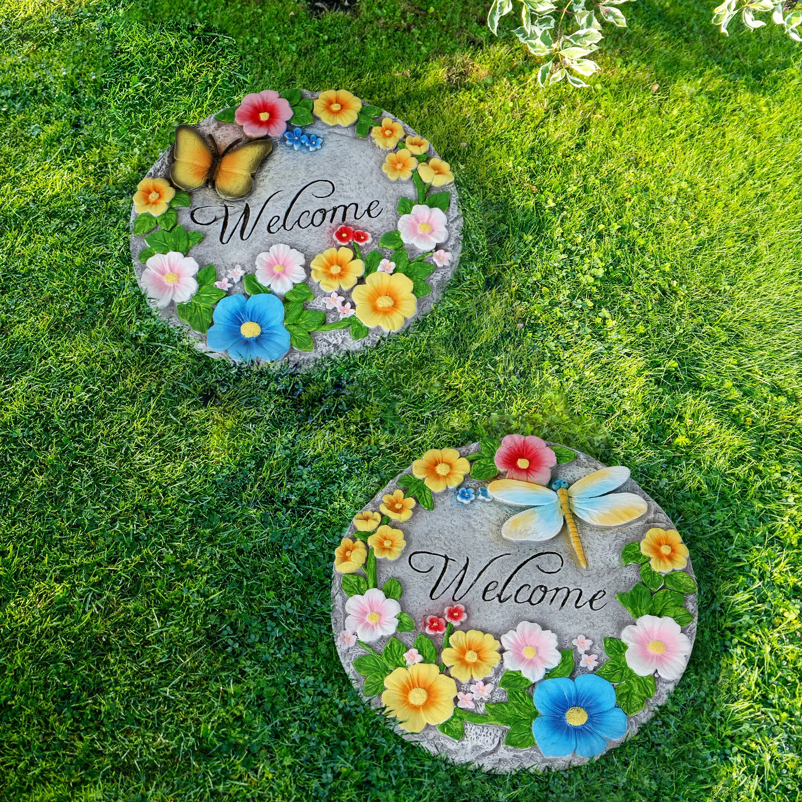 2‑Pack 10‑Ft Cement Garden Stepping Stones with Flower & Butterfly Designs, Decorative Walkway Stones for Outdoor Yard, Patio and Walkway Decoration