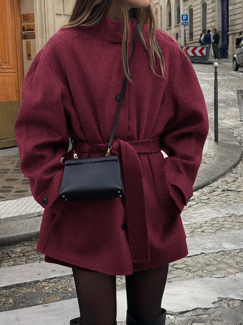 Elegant Stand Collar Belted Long Coat Jackets, Plain Pattern, Fitted Style, Long Sleeve, Casual Fall & Winter Outerwear