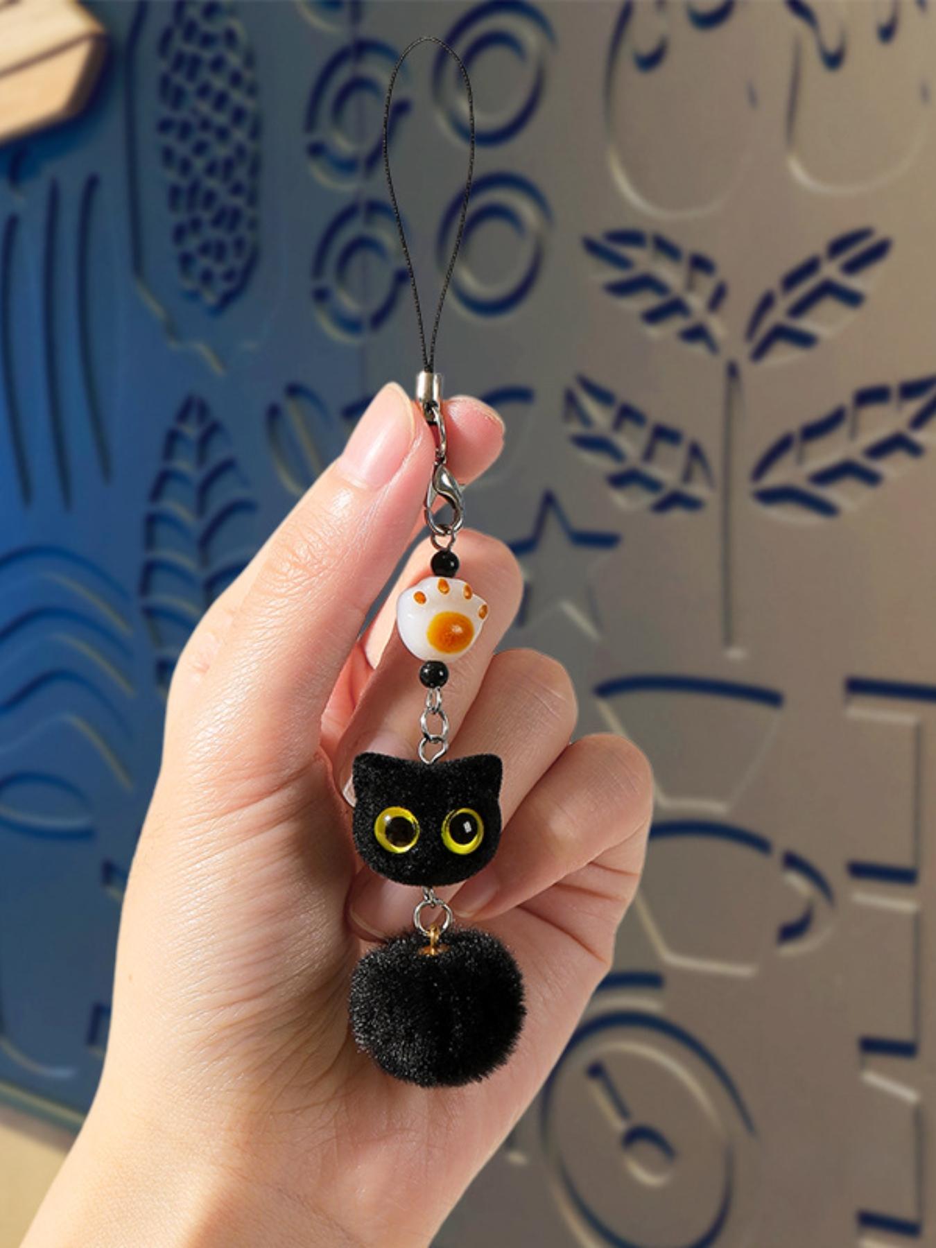 Flocked big-eyed black cat cartoon phone chain pendant, exquisite and cute beaded bag keychain pendant, children's gift
