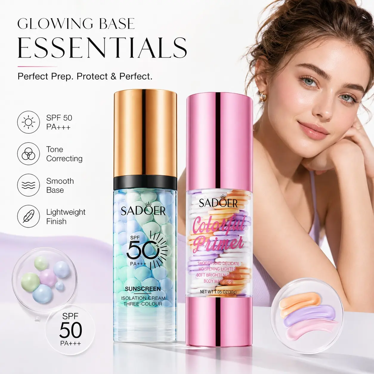 Three-In-One Sunscreen Primer, SPF 50+ Pa+++, Color Corrector Foundation, Oil Control, Moisturizing, Invisible Pores, Even Skin Tone