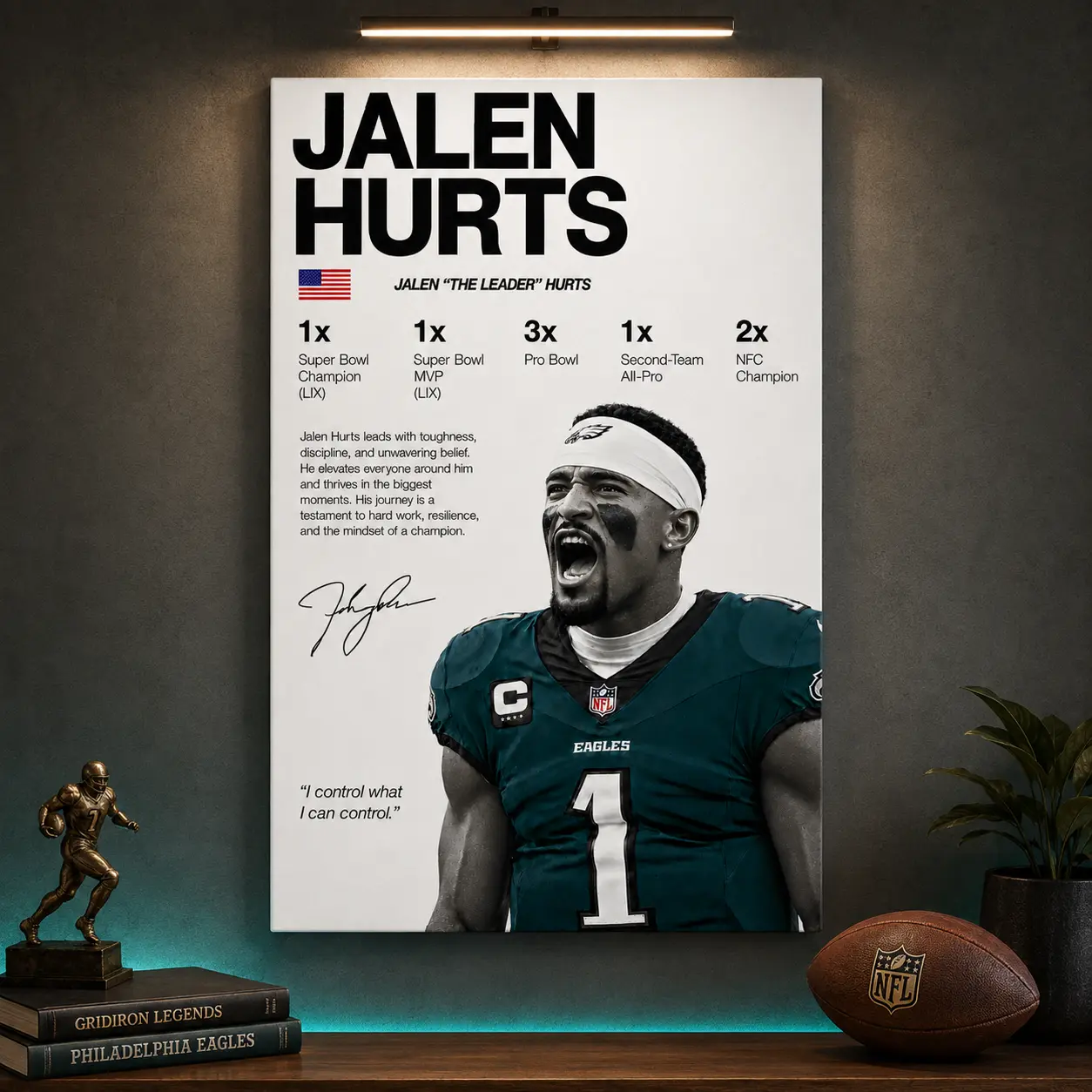Jalen Hurts Philadelphia Eagles Canvas Wall Art Poster, Eagles  QB Stats Print Canvas Poster, NFL Football Sports Decor For Man Cave Bedroom Dorm, Fly Eagles Fly Fan Collectible Gift For Eagles Football Lovers