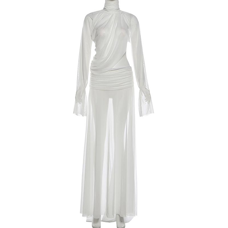 DOUCIU Summer Beach Vacation Yacht Party Sexy Hot Beautiful Cool Women'S Thin Style Solid Color Mesh See Through Long Sleeved Top Skirt Two-Piece Set