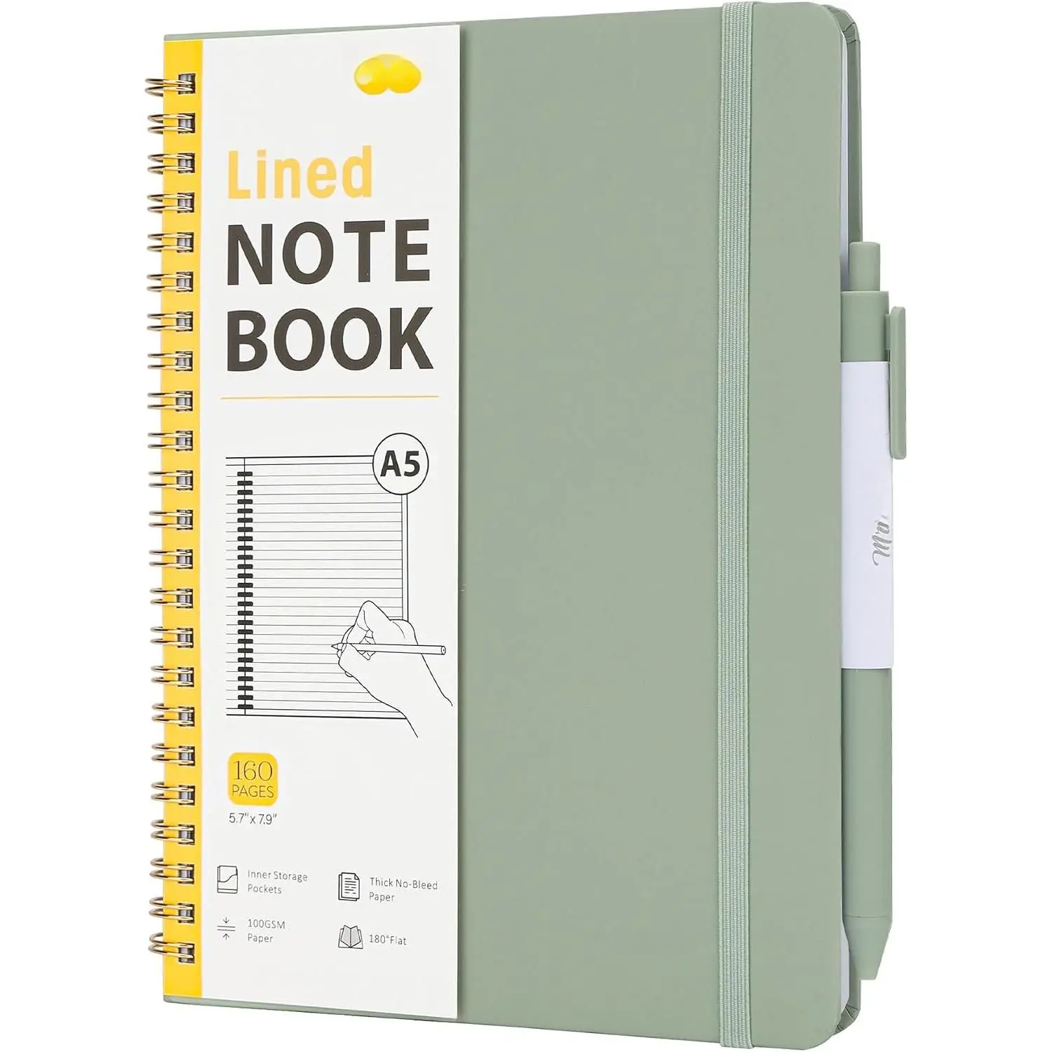 - Lined Spiral Journal Notebook, A5 (5.7"x7.9"), 160 Pages, Green | Hardcover Spiral Bound College Ruled Notebooks with  and Index Sticky Tabs for Notes, Journaling, School & Daily Planning
