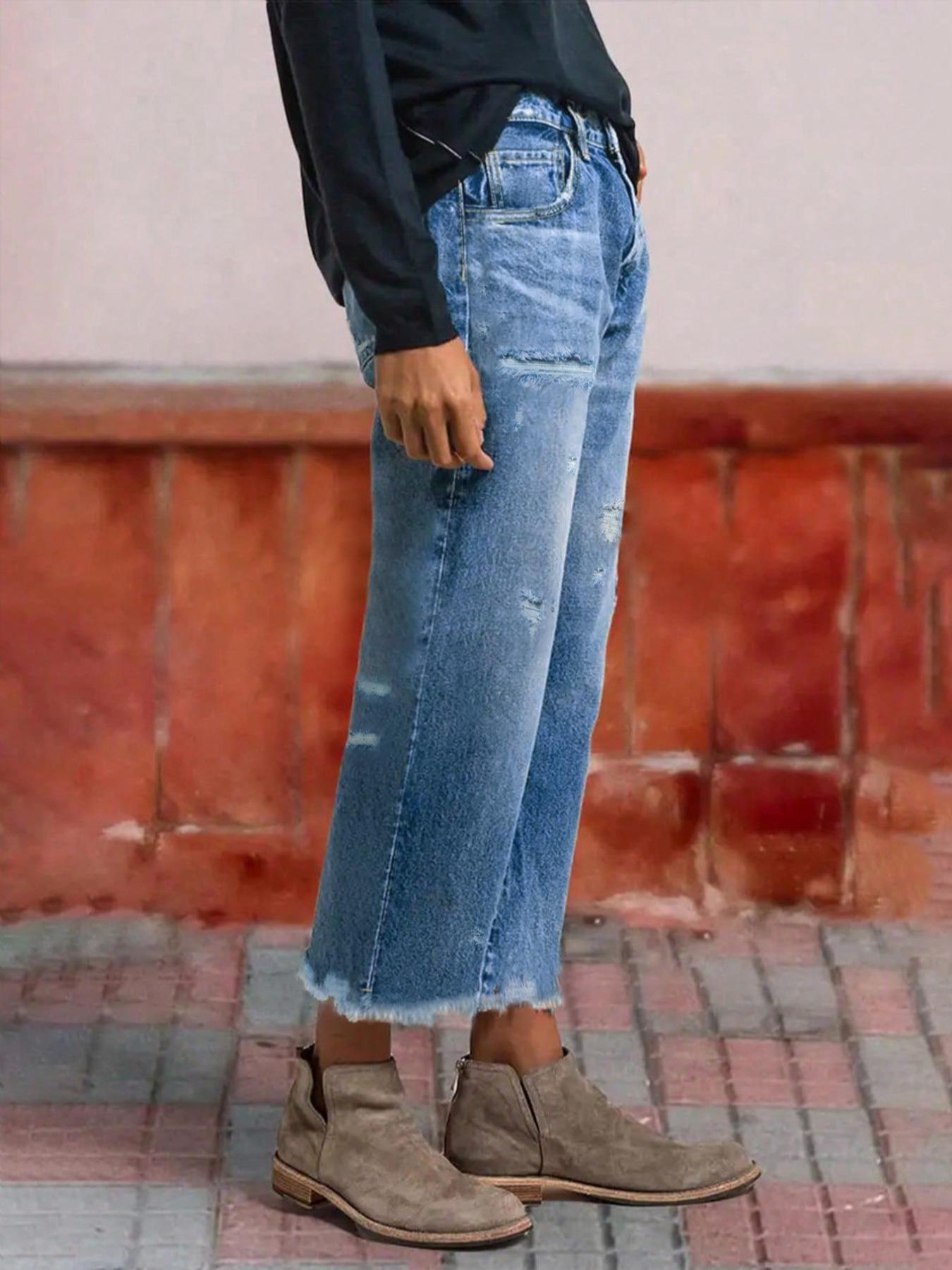 Women's Washable Elastic Fabric Frayed Hem Ripped Loose Straight Denim Capri Pants, Casual Summer, All-Season Wear