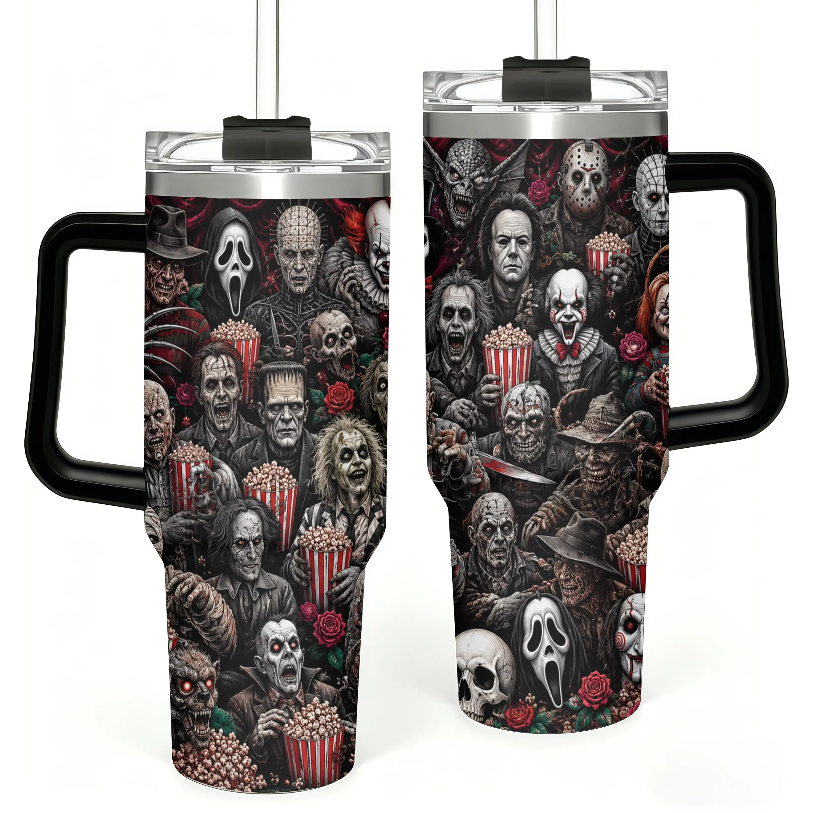 Halloween Horror Movie Character Tumbler with Handle, Horror Villains Popcorn Design Cup, Spooky Halloween Travel Mug, Horror Movie Fan Gift, Gift for Movie Lover, 40oz Stainless Steel Tumbler