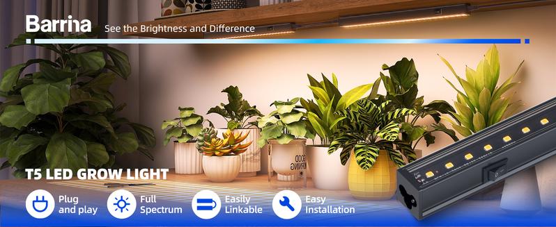Barrina T5 Grow Lights,  Full Spectrum, 1FT, Black Cover LED PlantLight Bulbs for Indoor Plants, Greenhouse, Plug and Play, Linkable, Yellow, 8 Packs