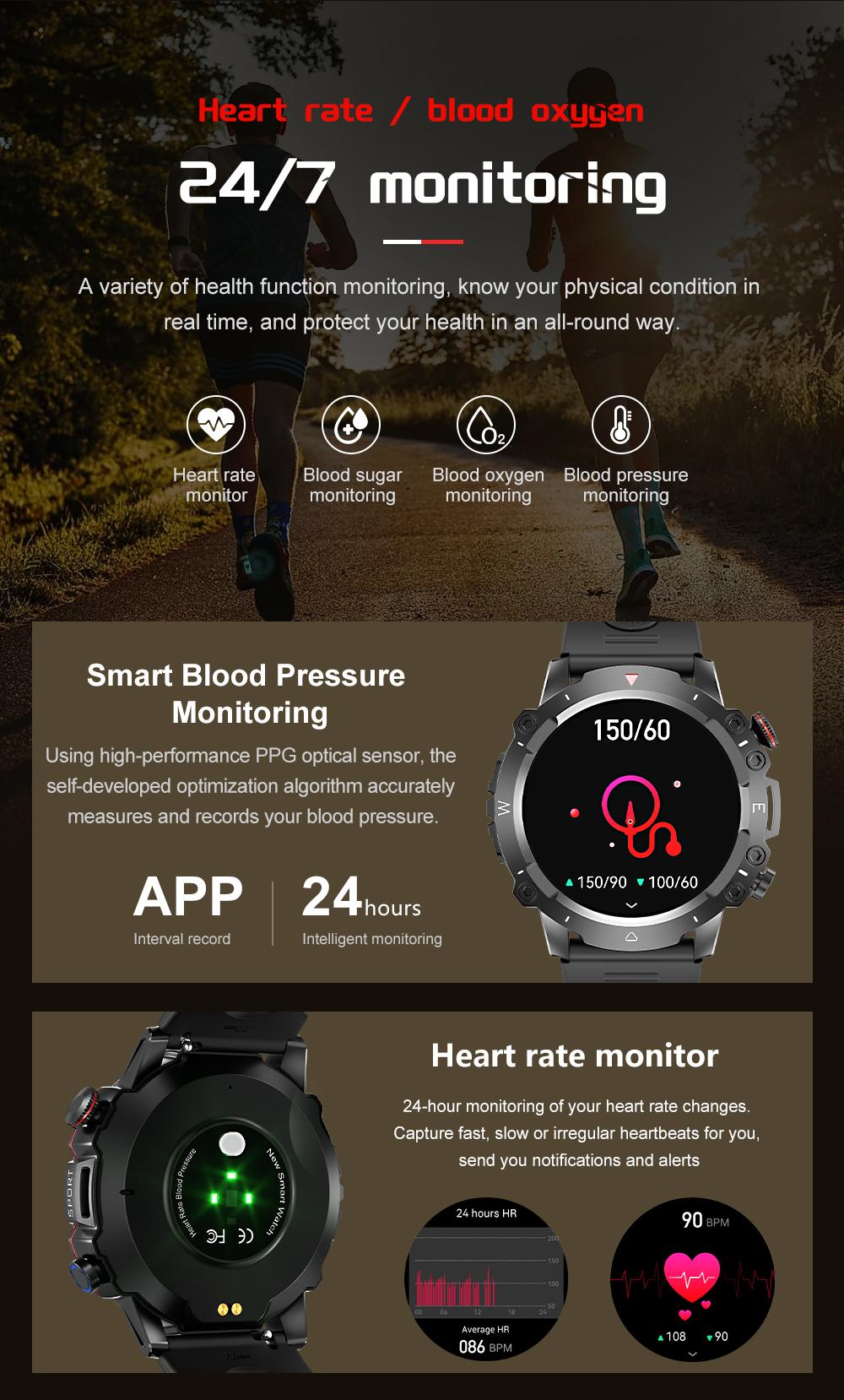 ZW48 Tactical Bluetooth Calling Smart Watch 1.46 Inch HD Round Display LED Flashlight for Outdoor Fitness Daily Wear