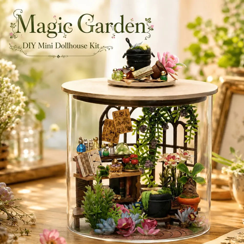 DIY Magic Garden Dollhouse Set, Mini Wooden 3D Dollhouse Model with Dust Cover and LED Light, Creative Room Gift for Valentine's Day or Birthday