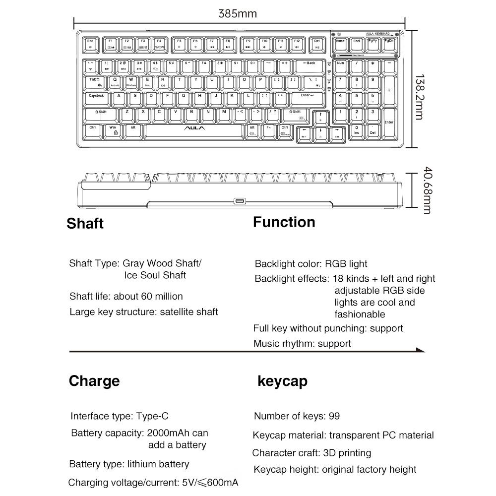 AULA F98 wireless mechanical  keyboard with transparent keycaps, 99-key Mechanical Switch Tri-mode Connection, RGB Rainbow Backlit, Suitable for Gaming and 0ffice, Gasket Gaming Keyboards Creamy Keyboard  Computer Accessory FallFreshness