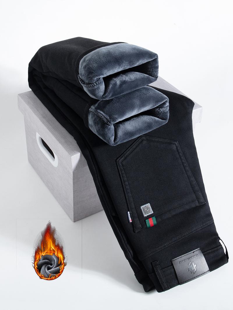 Men's Fleece Lined Denim Jeans, Loose Straight Leg Long Pants, Warm Cotton Elastic Autumn Winter Fashion, Versatile Casual Wear, Denim Clothing