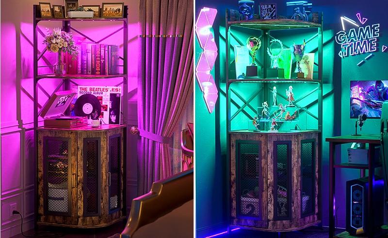 Corner Bar Cabinet with Power Outlet,  Cabinet with LED Strip and Glass Holder, Cabinet Bar Unit for Home Coffee Utensils Metal Sturdy Bottles