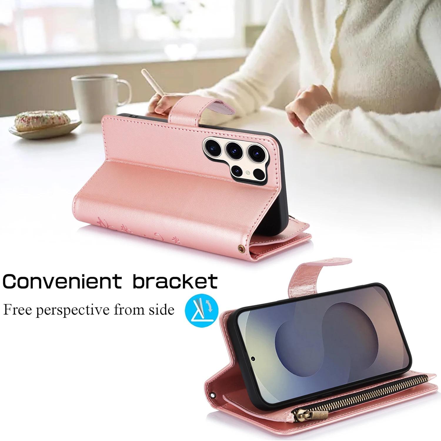 Zipper Cards Solt Wallet Leather Emboss Butterfly Tree Bag Case For Samsung Galaxy S26 S25 Ultra S25 Plus S24 S23 A26 A36 A56 Cover