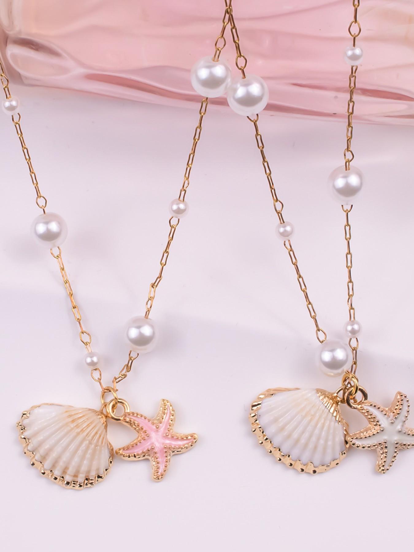 Elegant Beach Style Faux Pearl Beaded Chain Necklace with Natural Shell Lucky Starfish Pendant for Women, Fashion Jewelry Accessory
