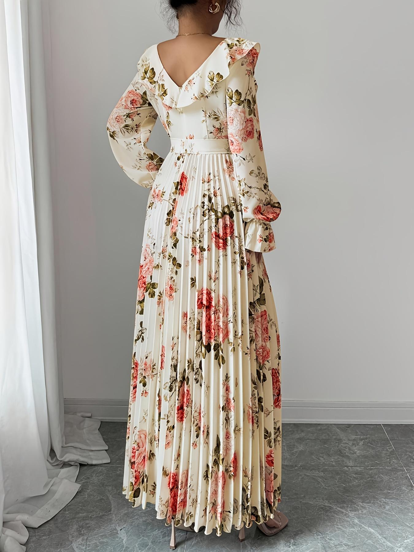 Elegant cross-border French vintage rose print long dress with a waist-cinching design that accentuates a slim figure, featuring a V-neck, ruffled long sleeves, and a pleated large hem skirt