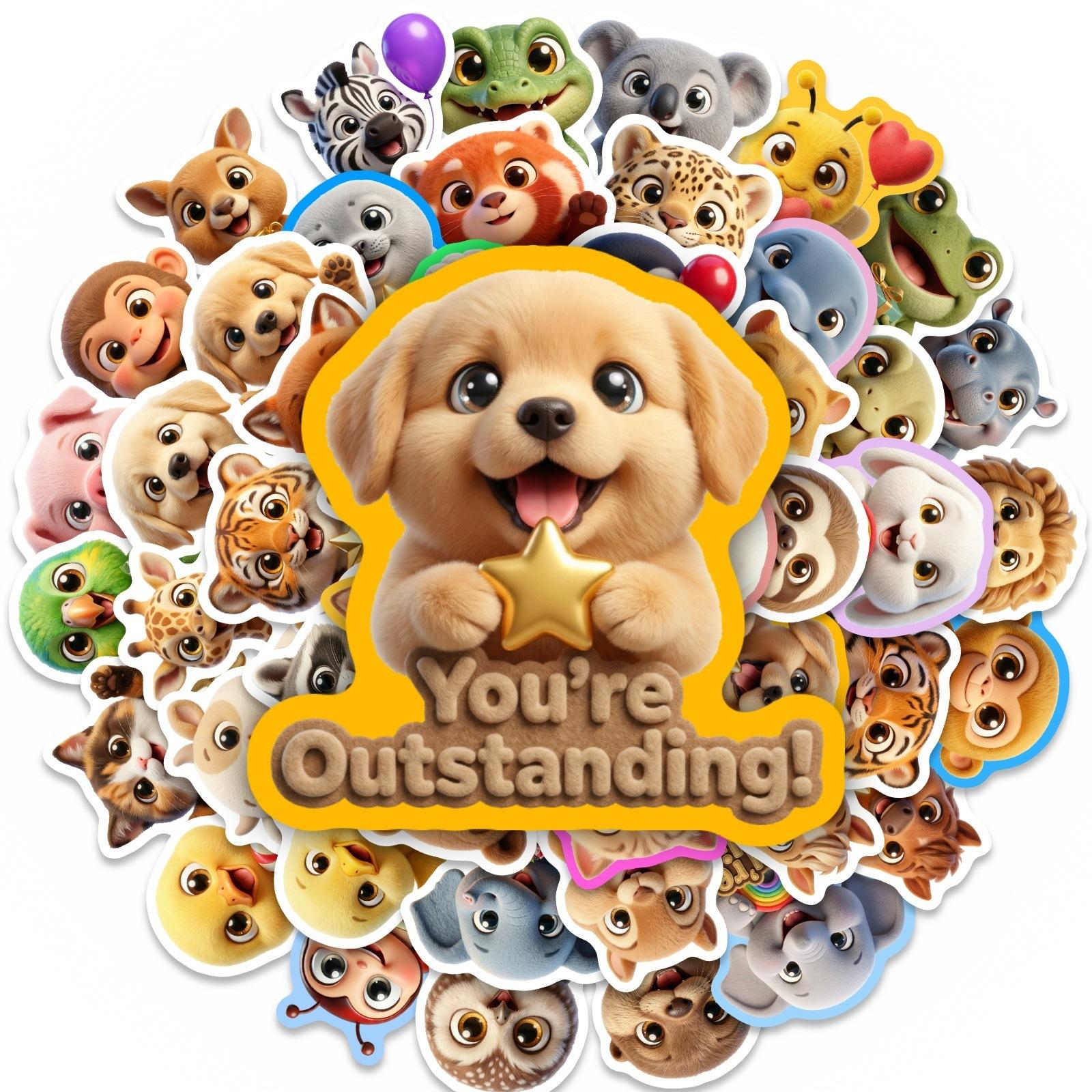 New 50-sheet set of 3D cartoon cute and adorable pet positive slogan stickers for waterproof cups and notebook decorative stickers