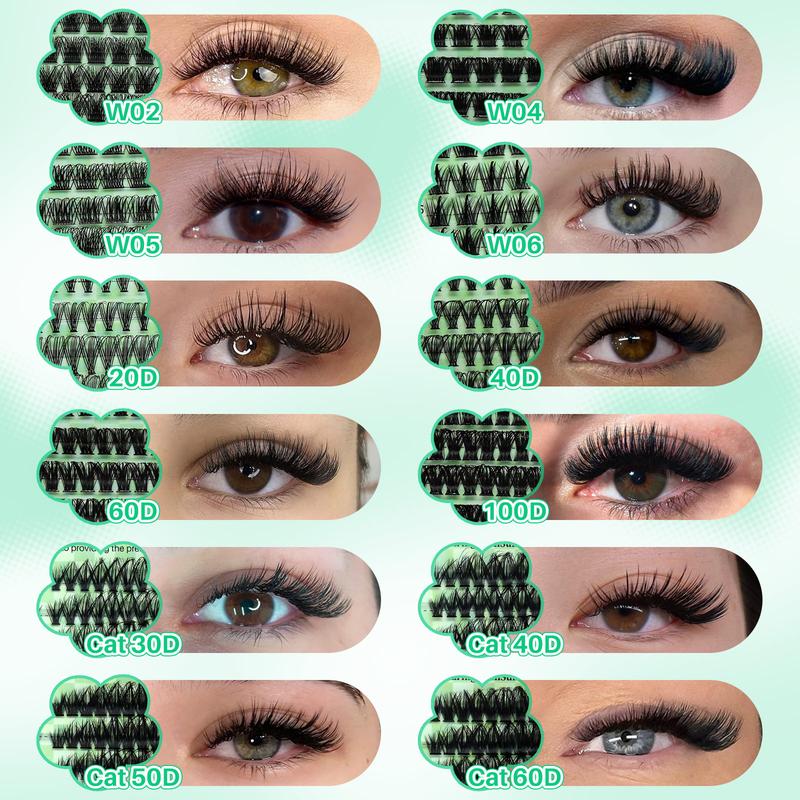 1664pcs/set D Curl Lash Clusters Kit, 12 Styles Cat-Eye & Volume Lashes Book with Bond and Seal, Lash Remover, Brush, Applicator, Headband, Wristband & Lash Shampoo, Perfect for Beginners & Professionals, DIY Eyelash Extensions at Home Easily